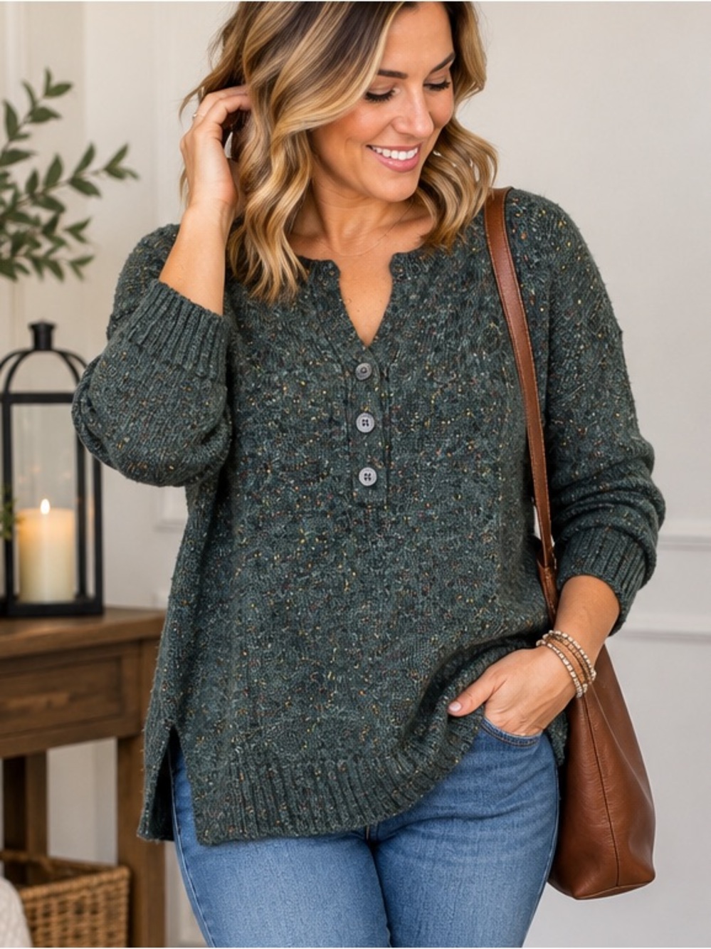 The Limited Speckled Forest Green Button-Henley Sweater